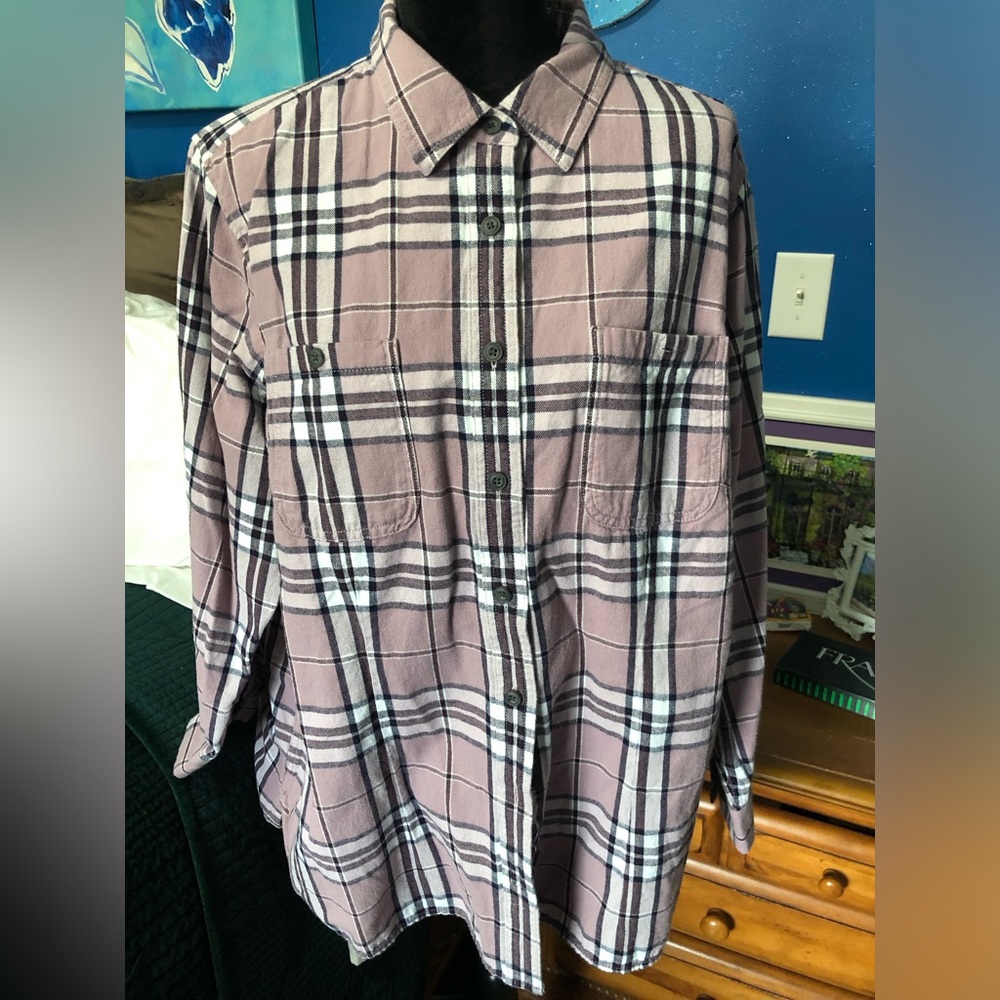 Duluth Trading Co Casual Plaid Shirt - Lavender, Black, & White Sz. 2X